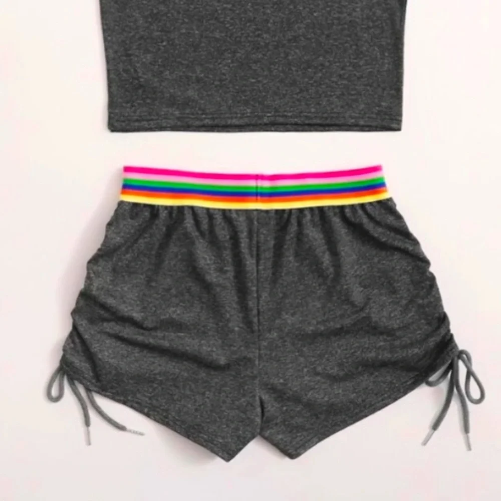 Crop Cami Style Top & Rainbow Lined Ruched Short Loungewear/Nightwear
